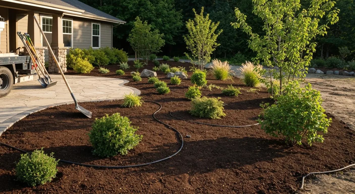 Newly planted shrubs, grasses and young trees in dark mulch beds with black drip irrigation tubing, beside a curved stone walkway