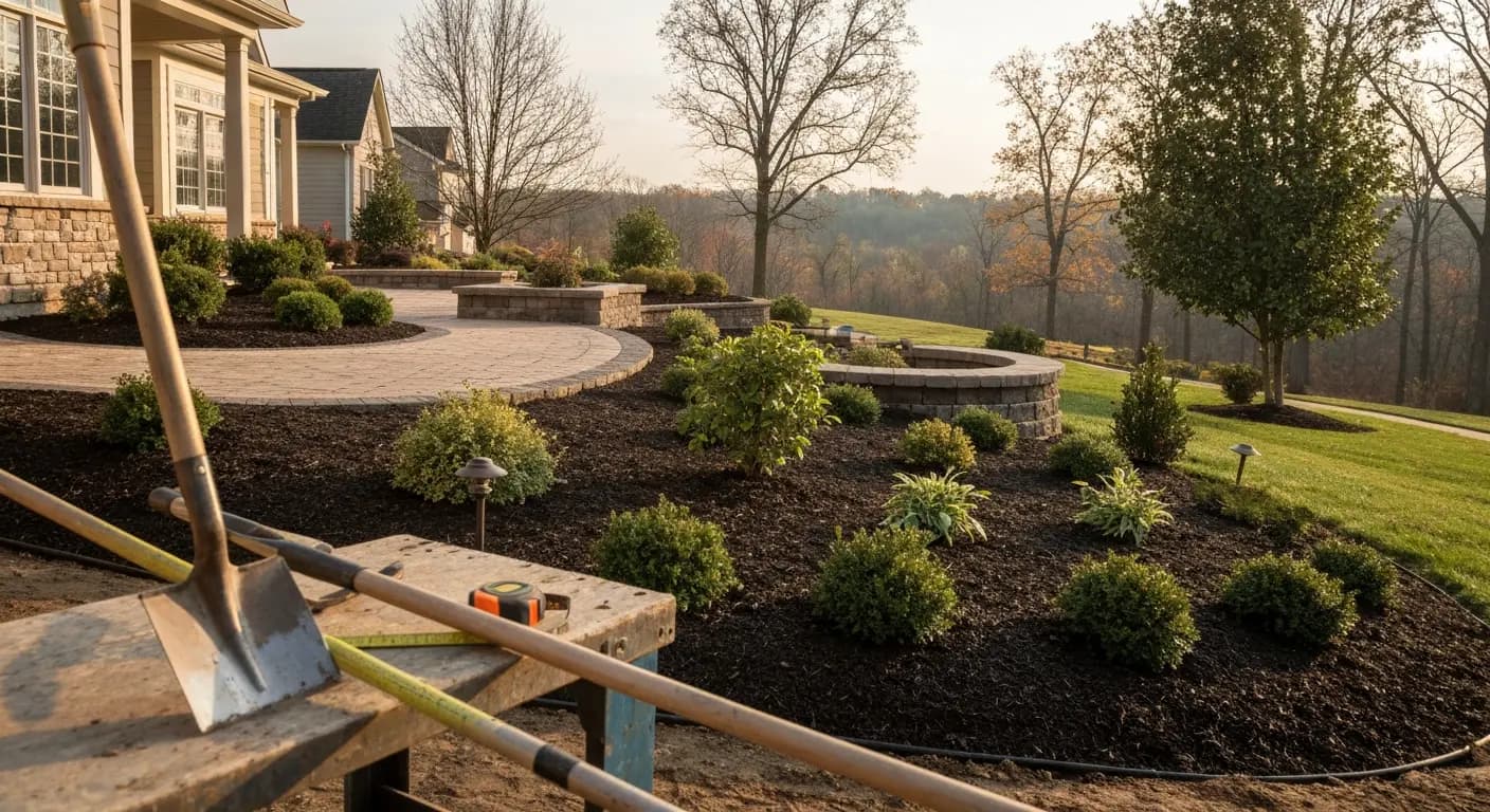 Freshly mulched shrub beds with black tubing running through them, path lights and a curved paver patio with block planters